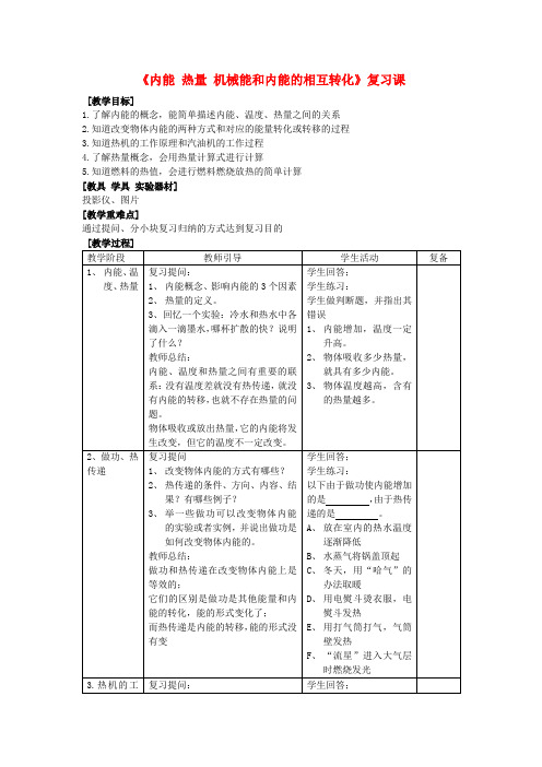 九年级物理上册《内能 热量 机械能和内能的相互转化》复习课教案 苏科版