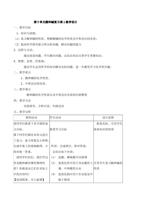 人教版九年级化学教案设计：第十单元 酸和碱复习