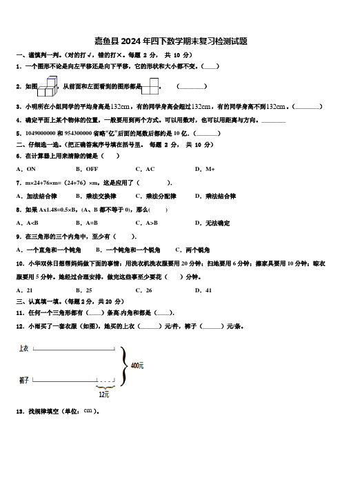 嘉鱼县2024年四下数学期末复习检测试题含解析