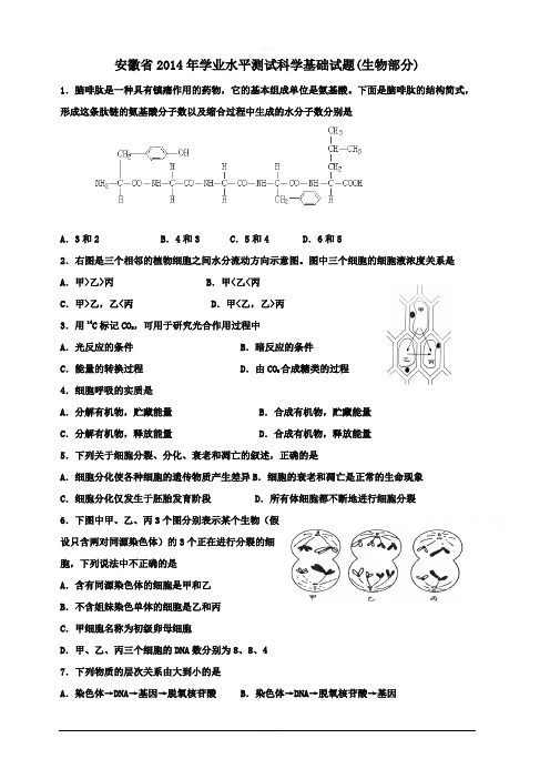 2014年安徽省普通高中学业水平测试真题--生物附答案