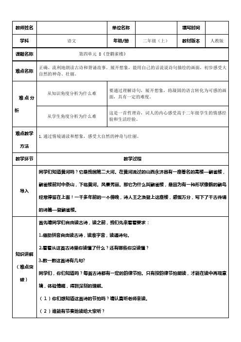 部编版人教版小学二年级语文上册《登鹳雀楼》教学设计