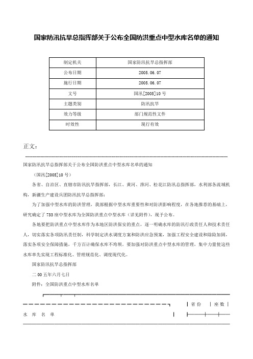 国家防汛抗旱总指挥部关于公布全国防洪重点中型水库名单的通知-国汛[2005]10号