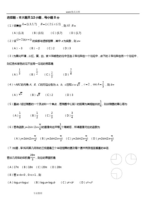 2016湖南数学高考文科试卷和解答