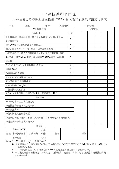 内科住院患者静脉血栓栓塞症(VTE)的风险评估及预防措施记录表