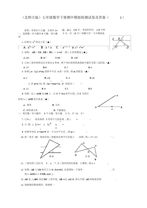 北师大版七年级数学下册期中测试卷及答案