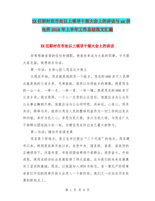 XX任职时在市处以上领导干部大会上的讲话与xx供电所2018年上半年工作总结范文汇编.doc