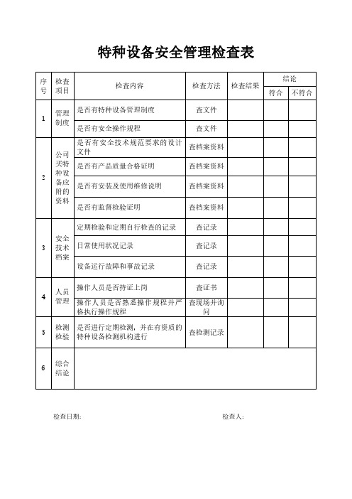 特种设备安全管理检查表模板