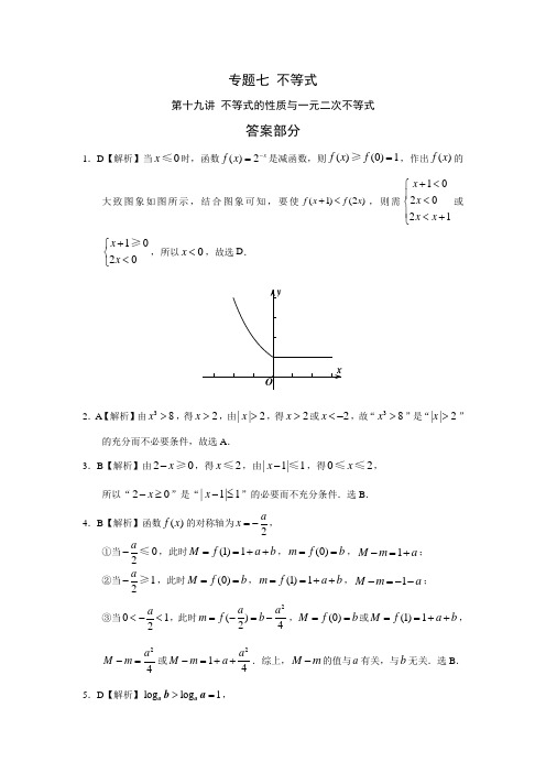 2010-2018高考数学试题分类汇编文科版专题七 不等式 第十九讲 不等式的性质与一元二次不等式答案