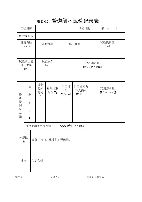 管道闭水试验记录表d,八标