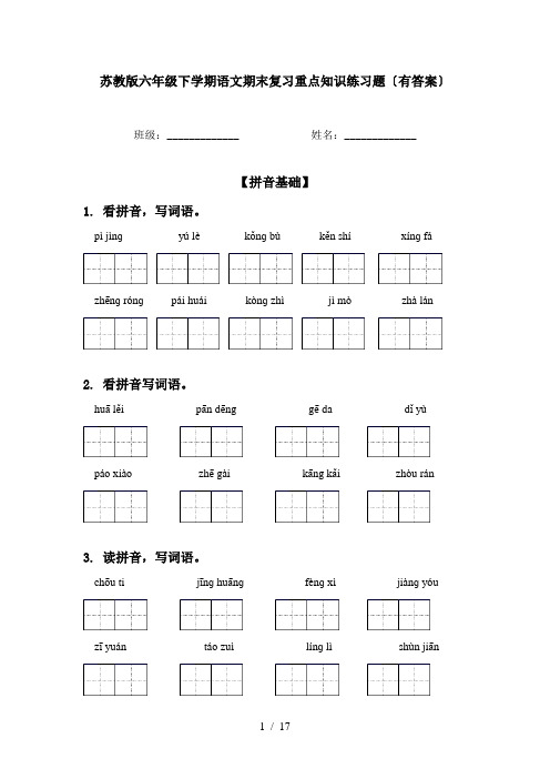 苏教版六年级下学期语文期末复习重点知识练习题〔有答案〕