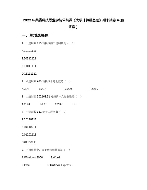 2022年共青科技职业学院公共课《大学计算机基础》期末试卷A(有答案)