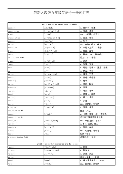 人教版九年级英语全一册词汇表中英对照版