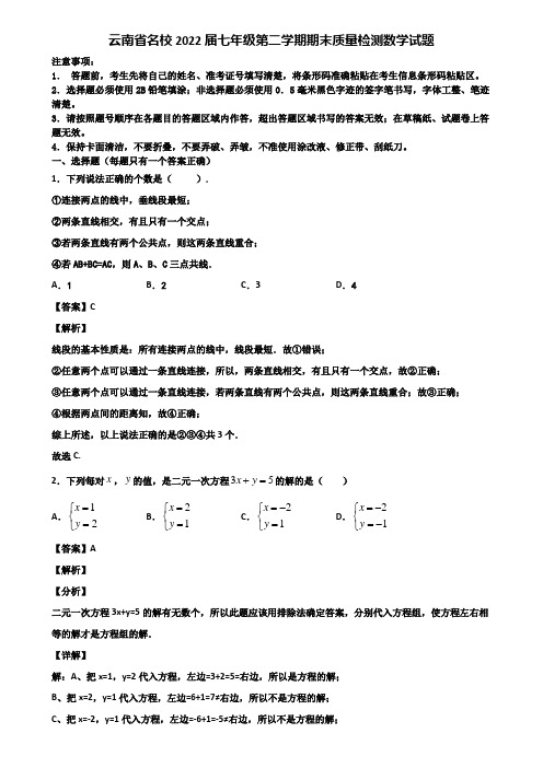 云南省名校2022届七年级第二学期期末质量检测数学试题含解析