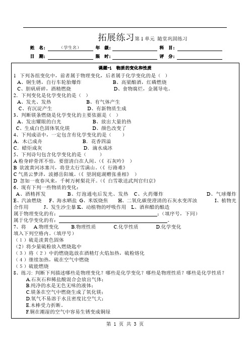 九年级化学随堂巩固练习-