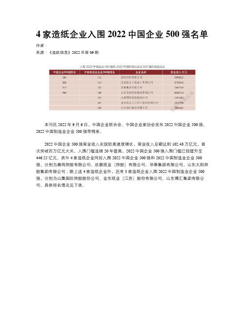 4家造纸企业入围2022中国企业500强名单