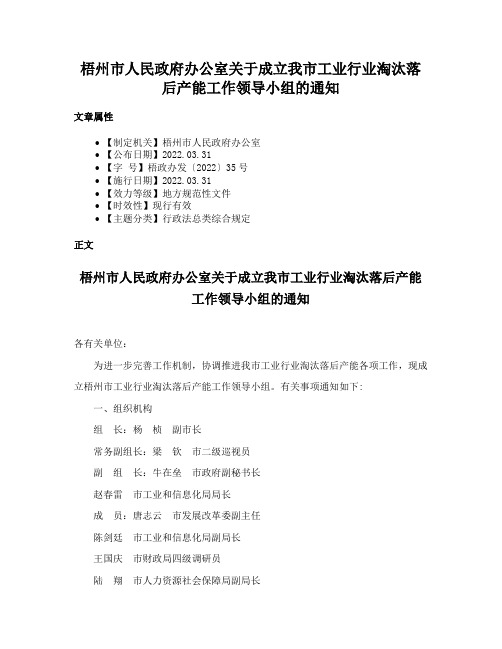 梧州市人民政府办公室关于成立我市工业行业淘汰落后产能工作领导小组的通知