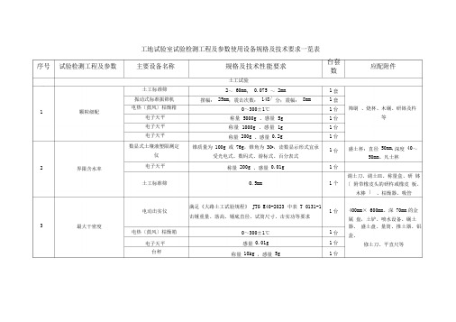 工地试验室试验检测项目及参数使用设备规格及技术要求一览表