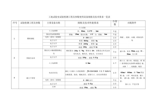 工地试验室试验检测项目及参数使用设备规格及技术要求一览表