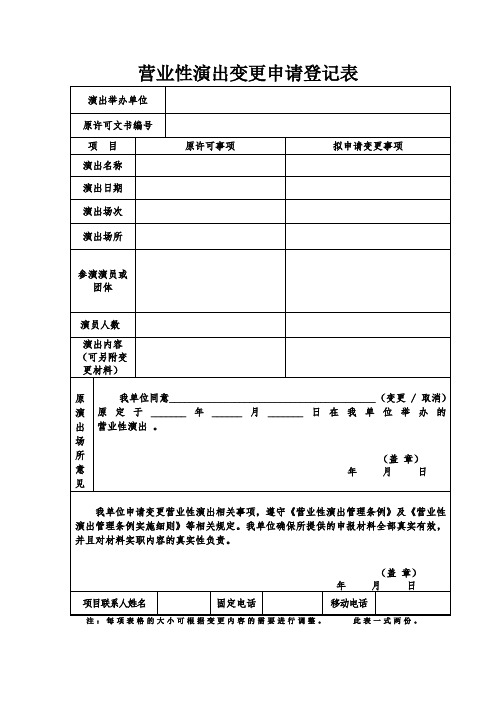 营业性演出变更申请登记表