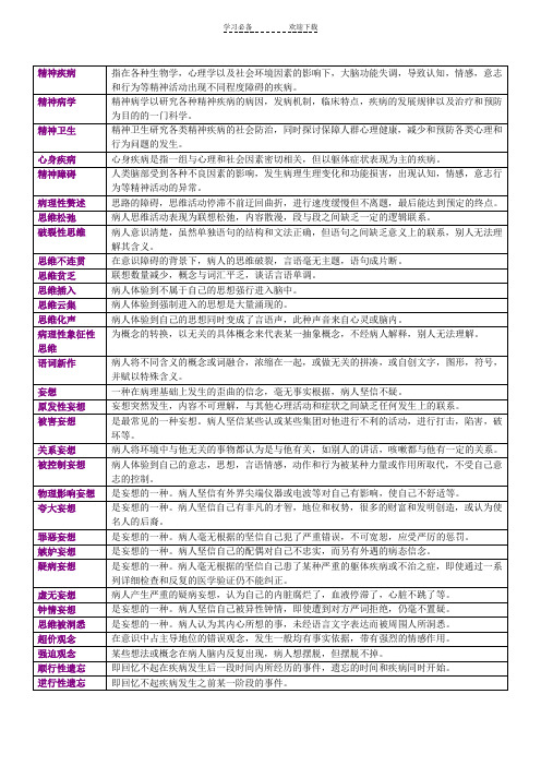 精神病学考试相关名词解释