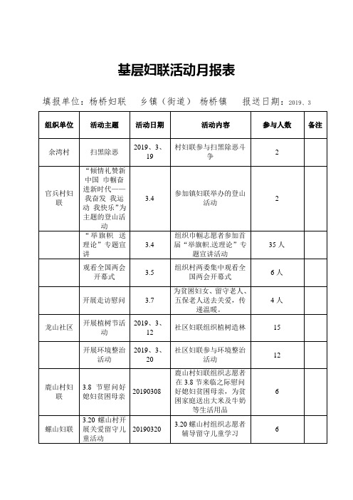 基层妇联活动月报表