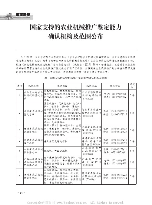 国家支持的农业机械推广鉴定能力确认机构及范围公布