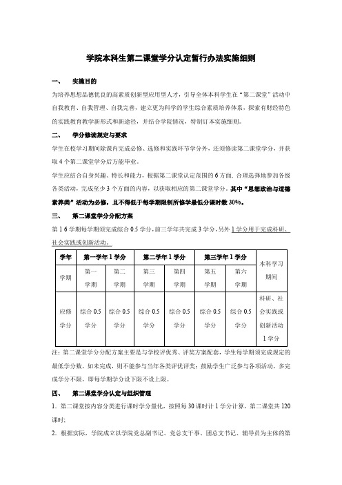 学院本科生第二课堂学分认定暂行办法实施细则