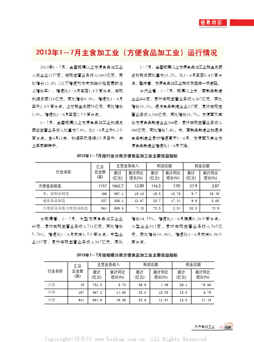 2013年1～7月主食加工业（方便食品加工业）运行情况