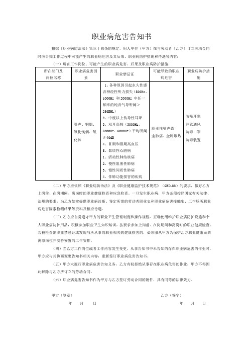 噪声、粉尘、氧化镁烟、氧化锌危害告知书