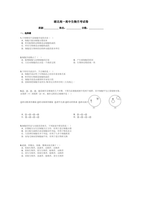 湖北高一高中生物月考试卷带答案解析
