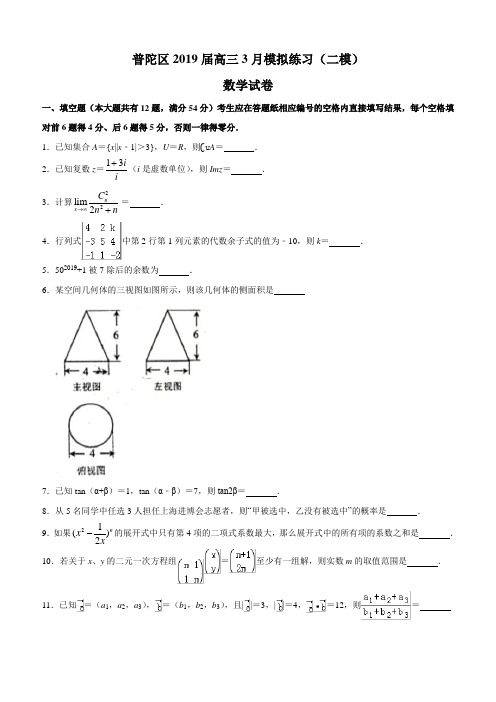 上海市普陀区2019届高三3月模拟练习(二模)数学试题(WORD版)