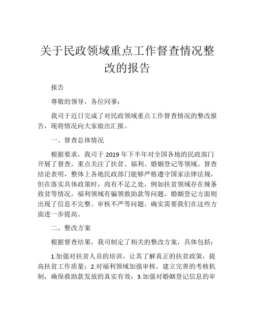 关于民政领域重点工作督查情况整改的报告