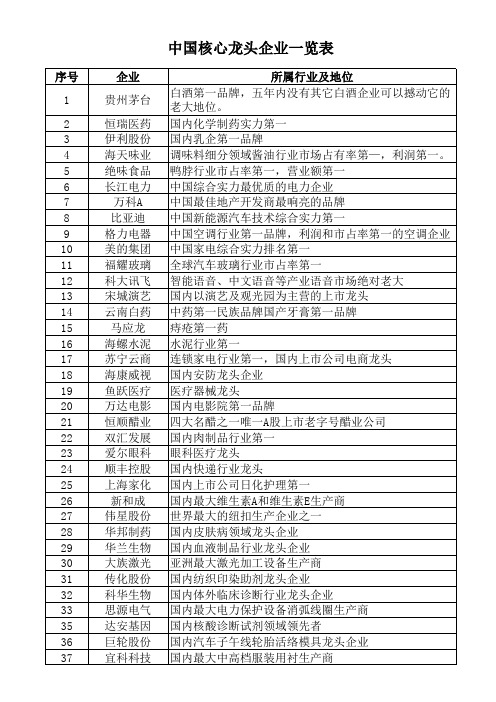 中国核心行业龙头企业一览表