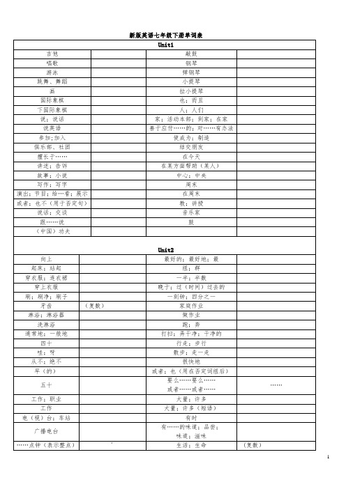 七年级下册单词汉语默写英语表