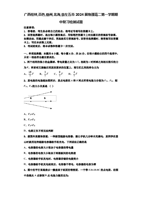 广西桂林,百色,梧州,北海,崇左五市2024届物理高二第一学期期中复习检测试题含解析