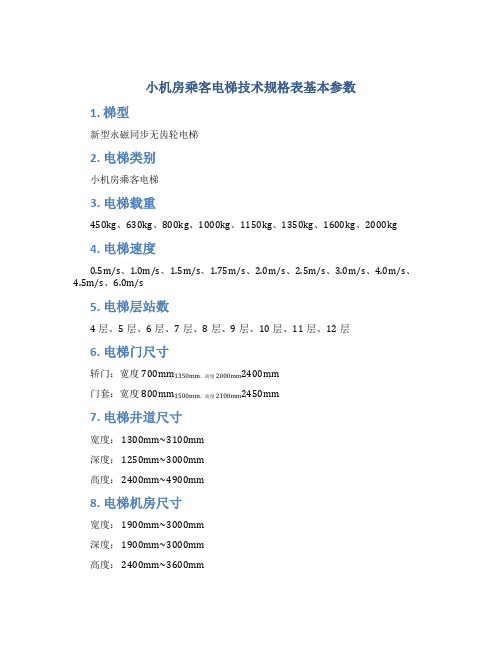 小机房乘客电梯技术规格表基本参数1梯型新型永磁同步无齿轮