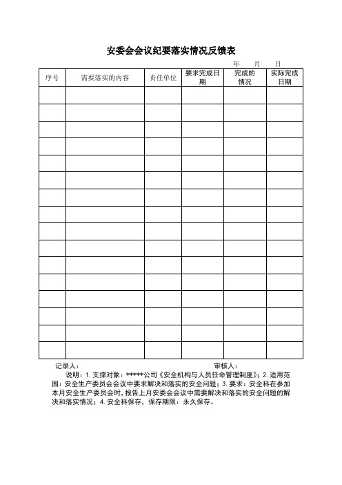 安委会会议纪要落实情况反馈表