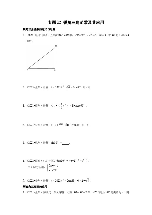 专题12锐角三角函数及其应用(原卷版)