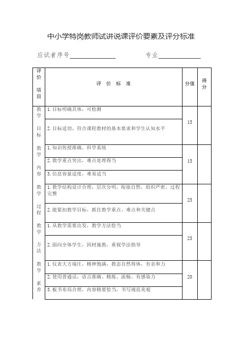 中小学特岗教师试讲说课评价要素及评分标准