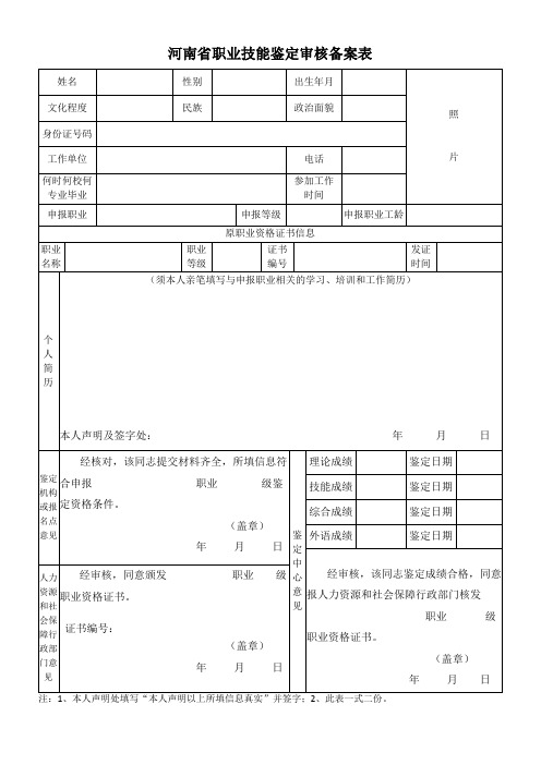 河南省职业技能鉴定审核备案表