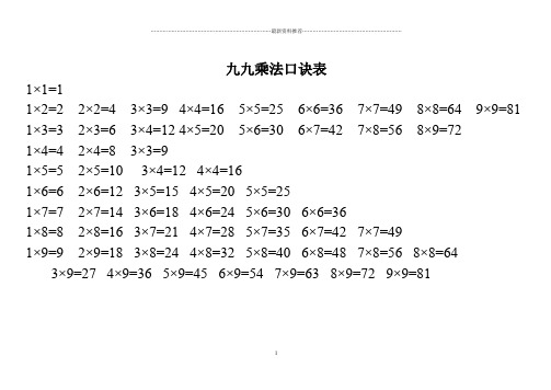 九九乘法口诀表(打印版)全精编版