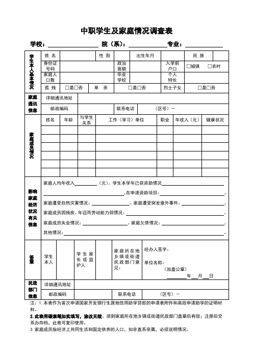 中等职业学校学生家庭经济情况调查表