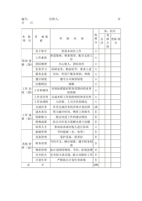 员工考核表内容