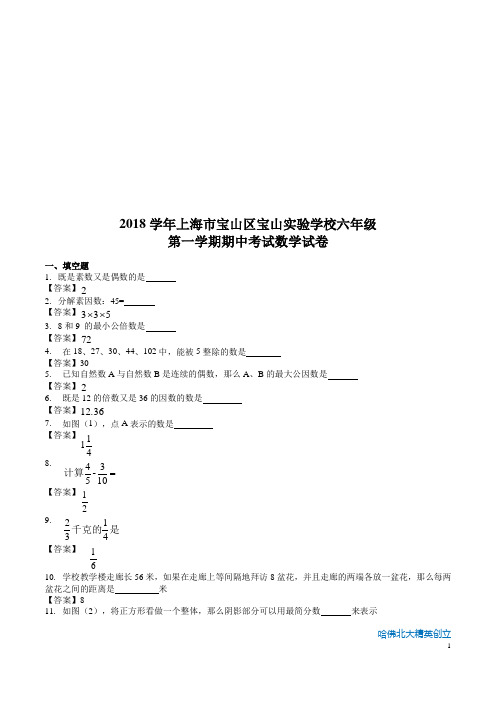 2018-2019学年上海市宝山区宝山实验学校六年级第一学期期中考试数学试卷