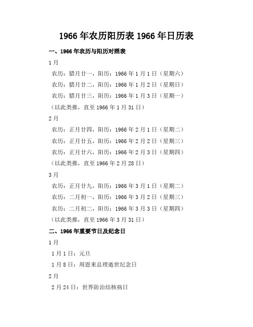 1966年农历阳历表1966年日历表