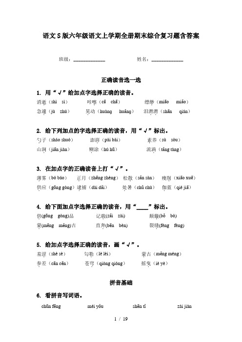 语文S版六年级语文上学期全册期末综合复习题含答案