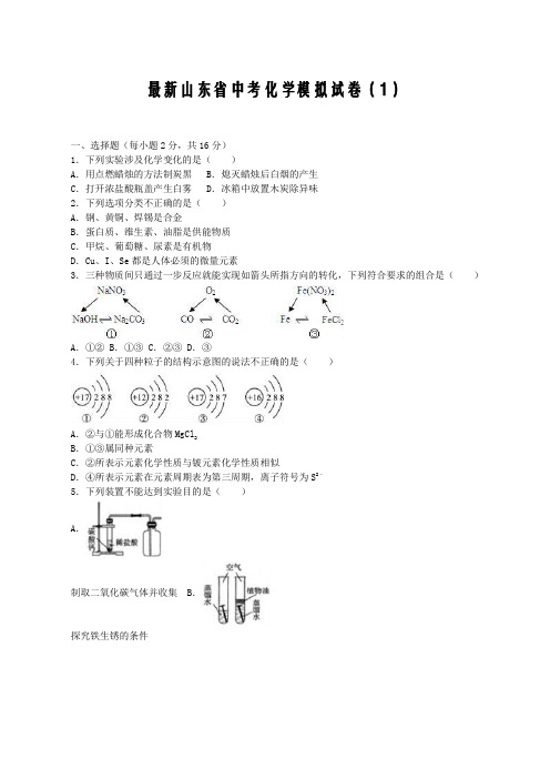 2020-2021学年山东省中考化学模拟试题及答案详解