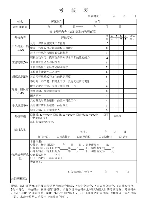 试用期转正考核表