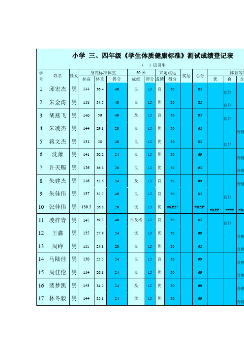 四年级学生体质健康标准测试成绩登记表