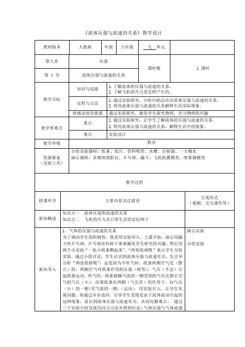 初中物理_《流体压强与流速的的关系》教学设计学情分析教材分析课后反思